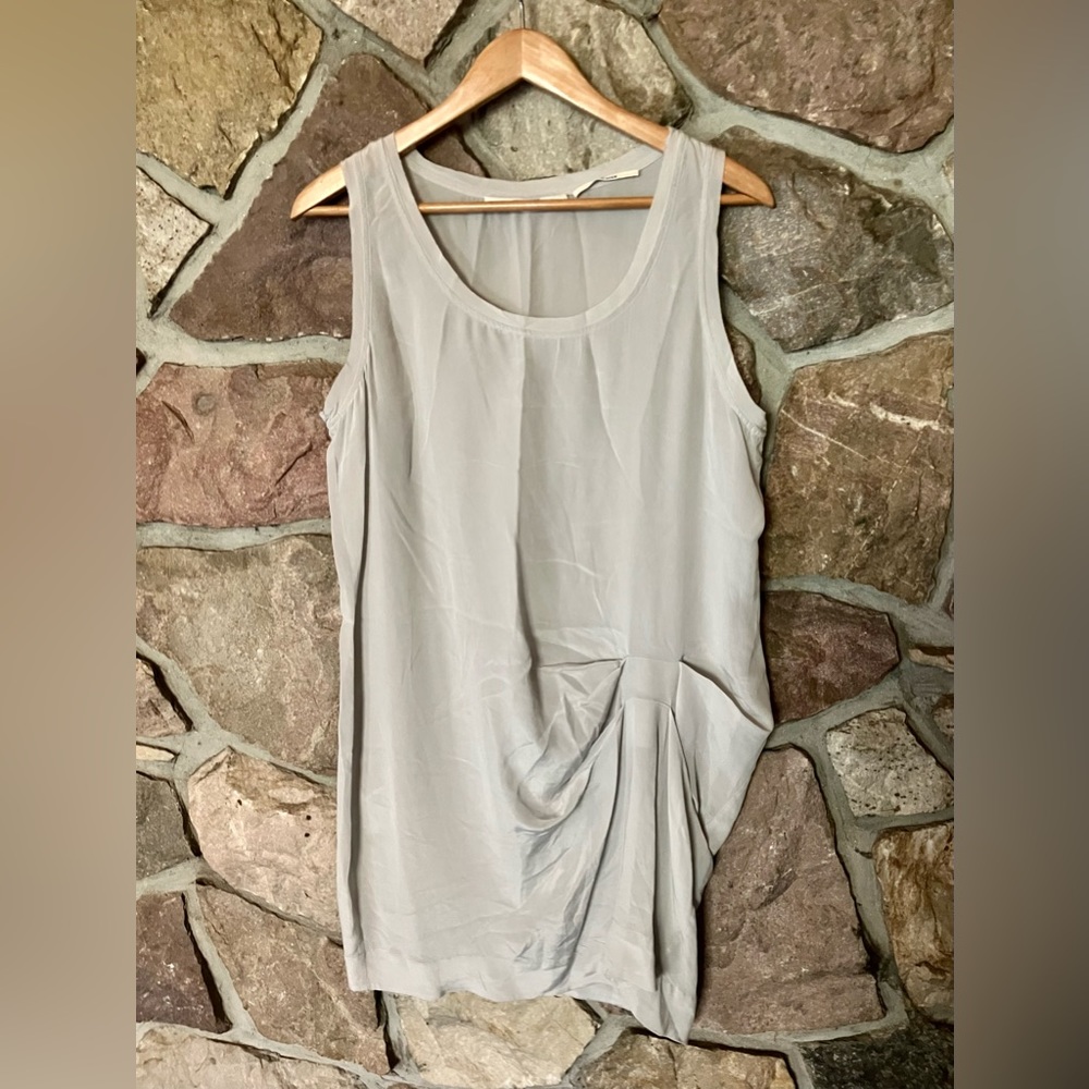 All Saints 100% Silk Dress grey with gathered front, perfect condition size 10